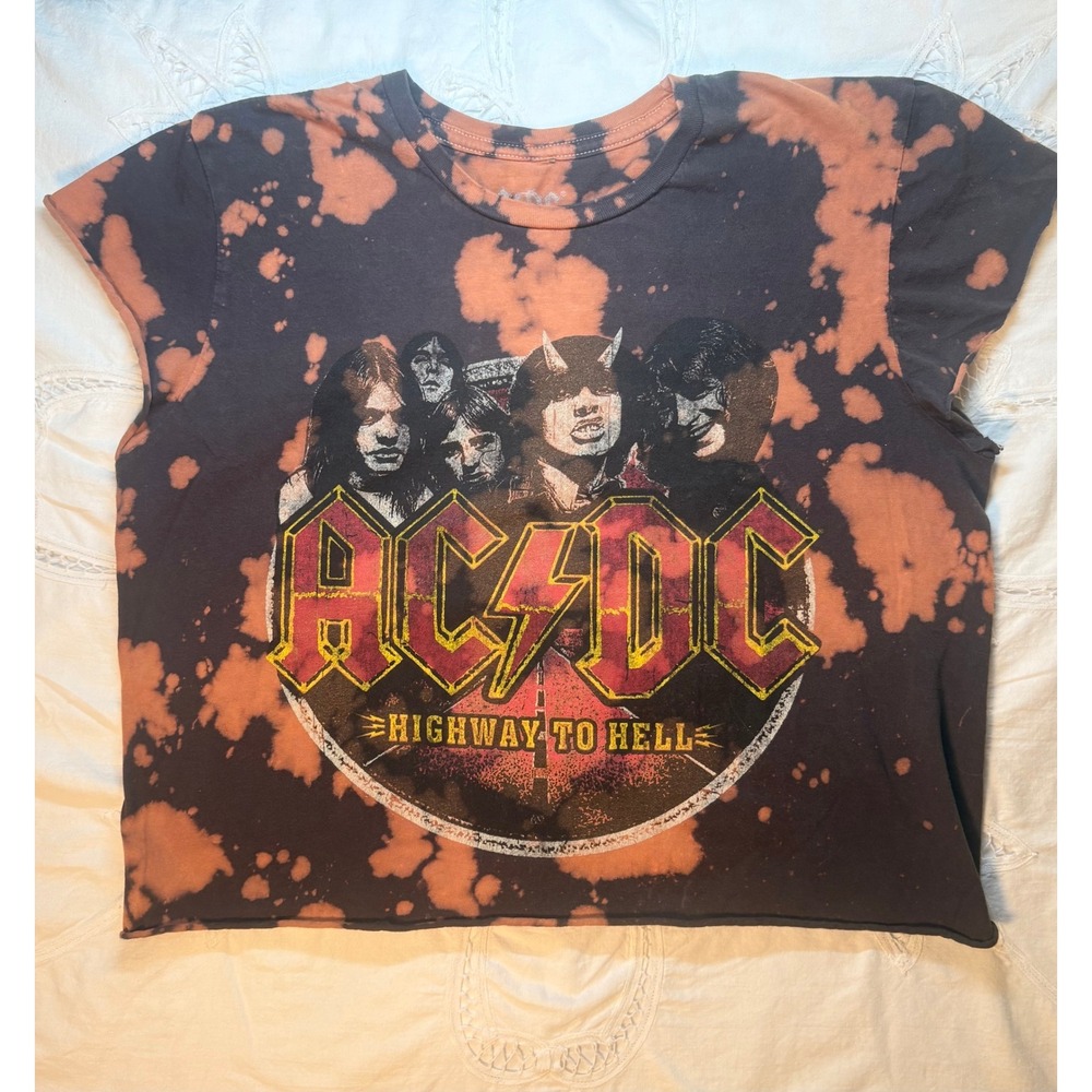 ACDC Highway to Hell Bleach Dye Graphic Crop Top Muscle Tank Black Small